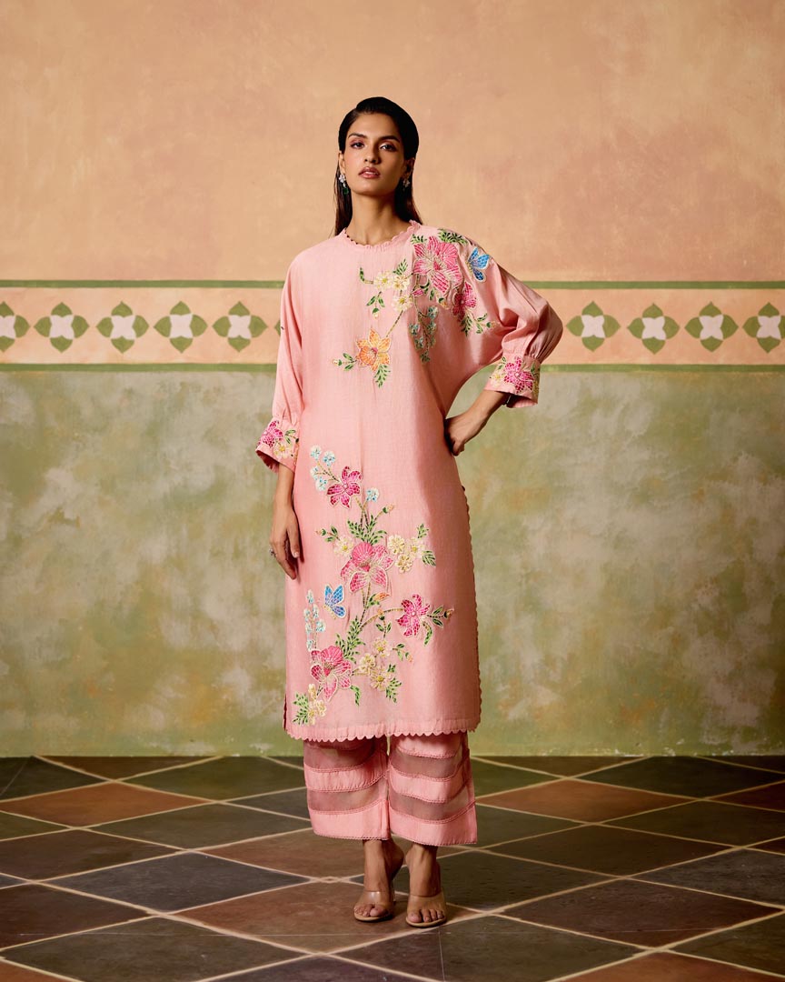 ROSE PINK MOSAIC FLORALS KIMONO KURTA