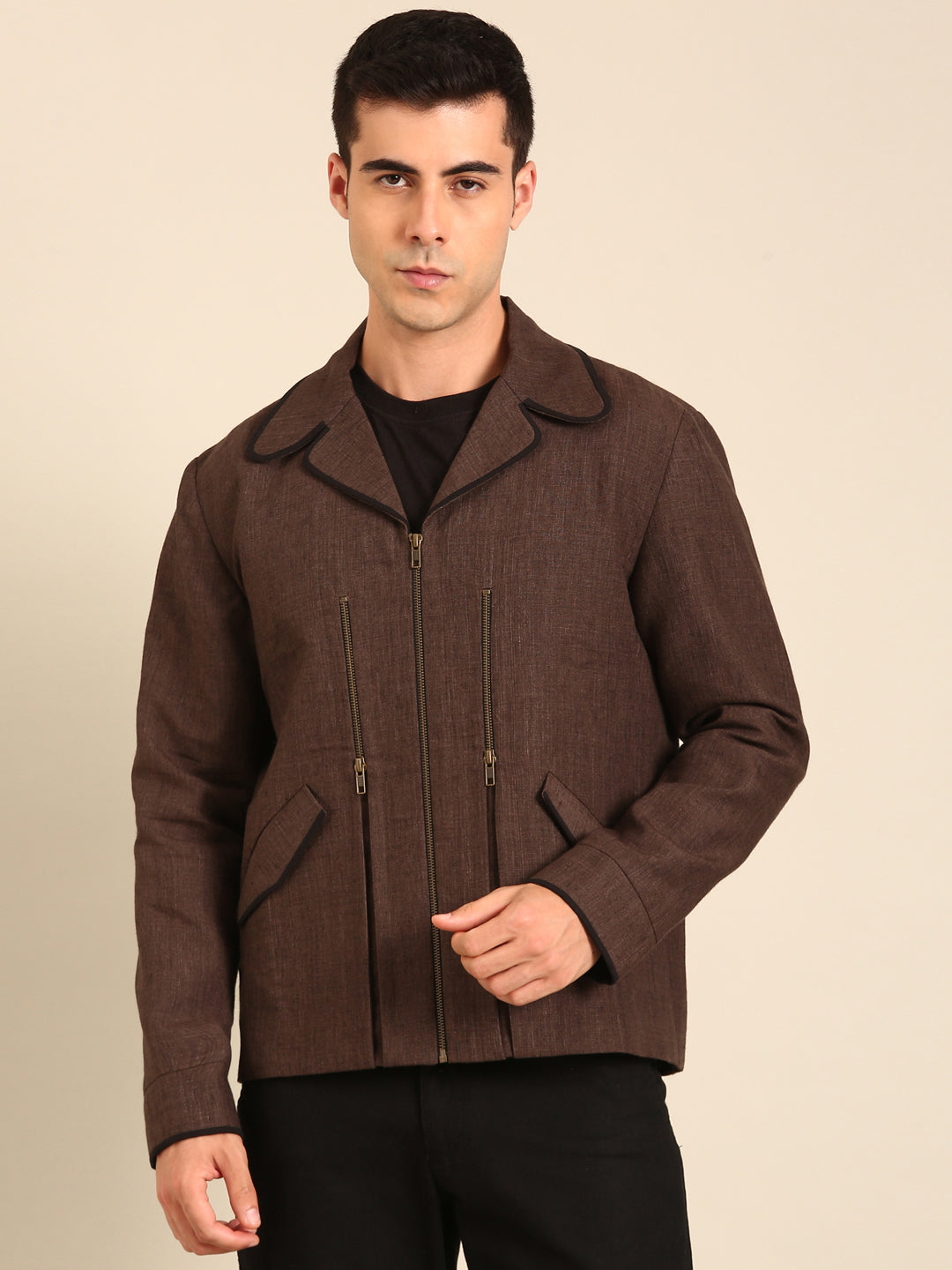 Brown 100% Linen Bomber Jacket
