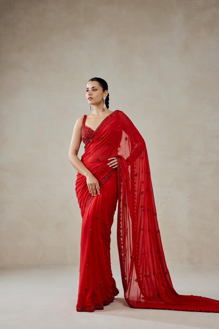 Red Georgette Saree Set with Embellished Blouse for Weddings