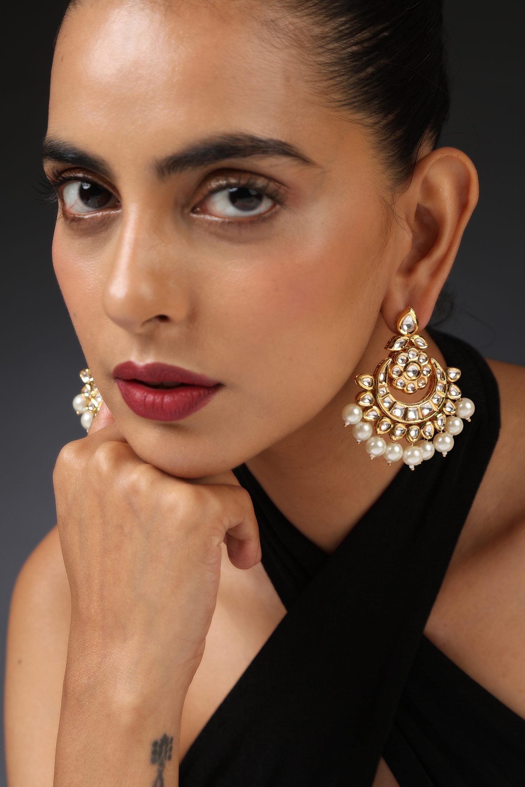 White Gold Tone Kundan and Pearl Chandbali Earrings