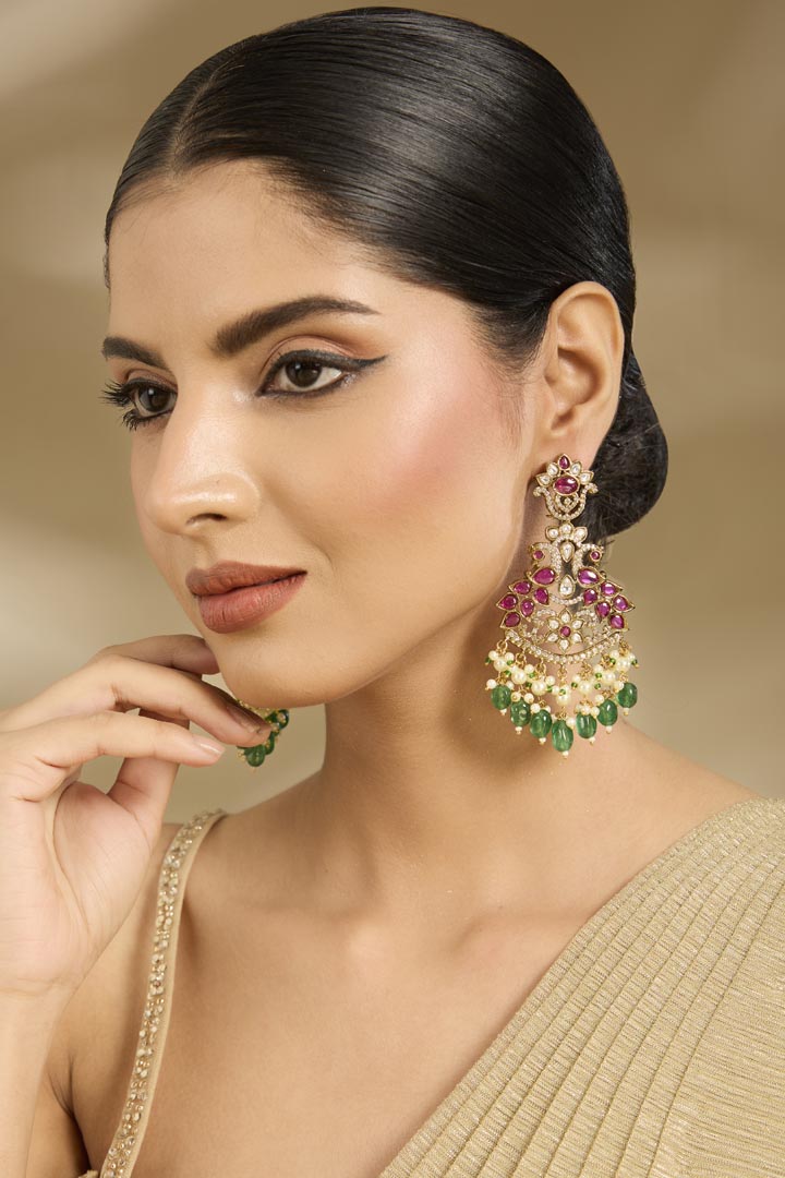 Ruby & Emerald Beaded Chandelier Earrings with Pearl Drops
