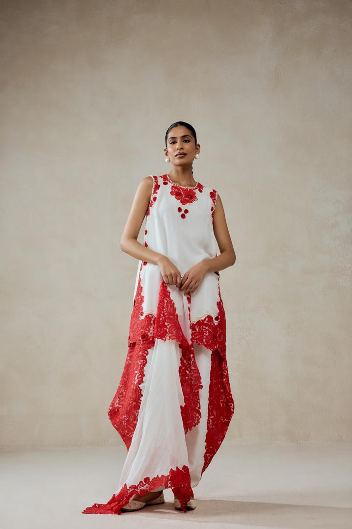 White Georgette Red Lace Applique Suit Set - Designer Festive Wear