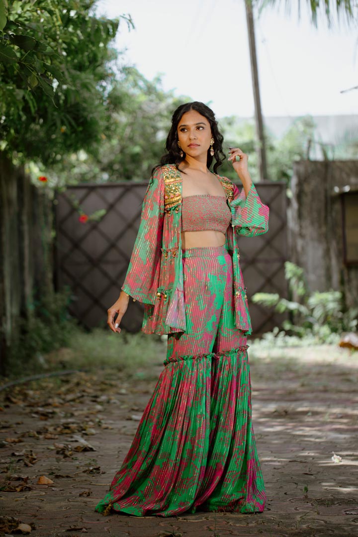 Green Viscose Georgette Digital Printed Sharara Set