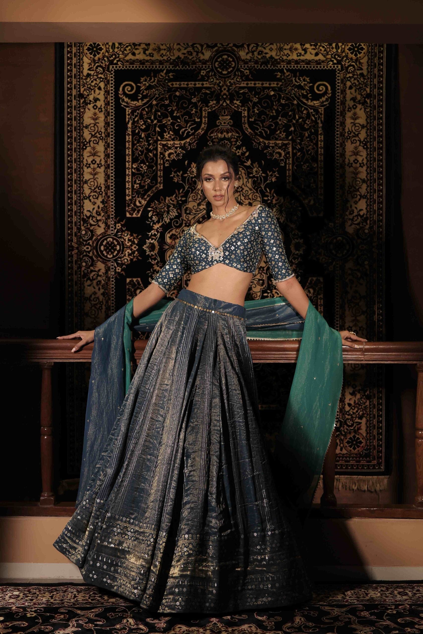 The " Neelaya" lehenga set ,Midnight blue kundan and sequins embroidered banarasi lehenga set