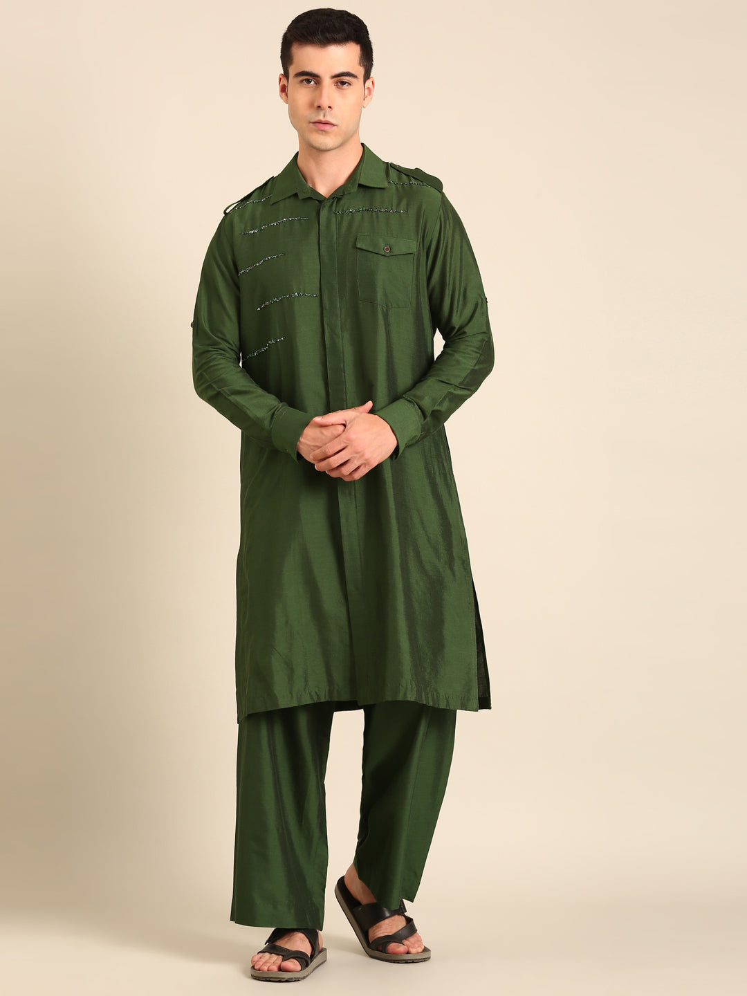 Green Silk Cotton Kurta Set