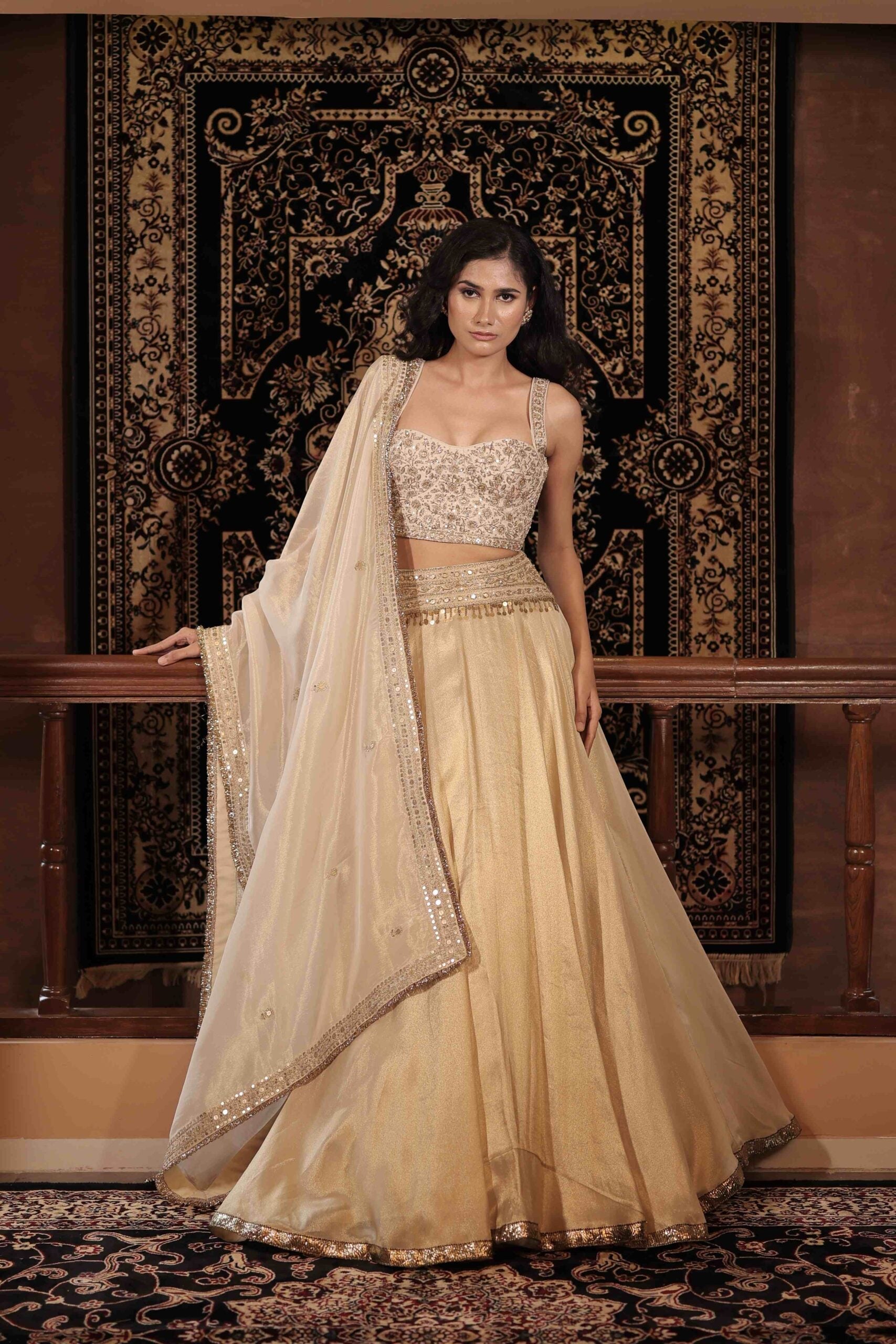 The "Roopmati " lehenga set / Ivory gold zardozi floral embroidered tissue lehenga set