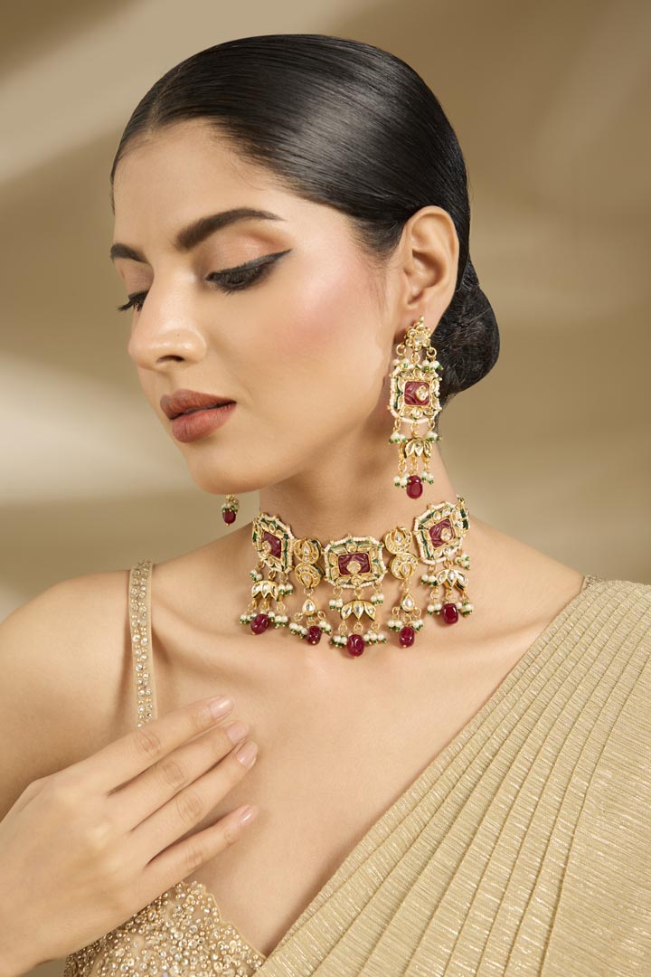 Gold-Tone Choker Necklace & Earring Set with Red Stone and Pearl Detailing