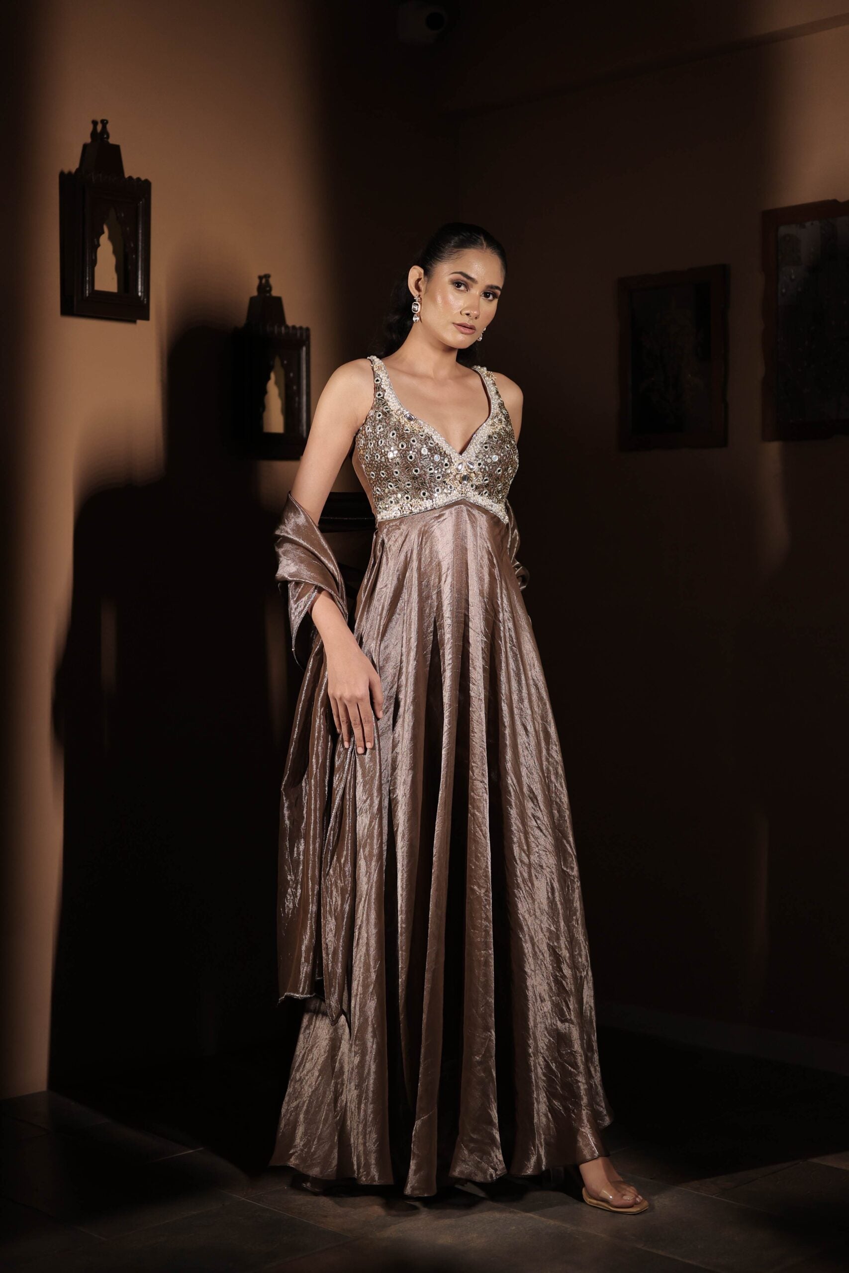 The " Celestial Bronze " Gown set / Copper kundan,mirror and pearl embellished gown set