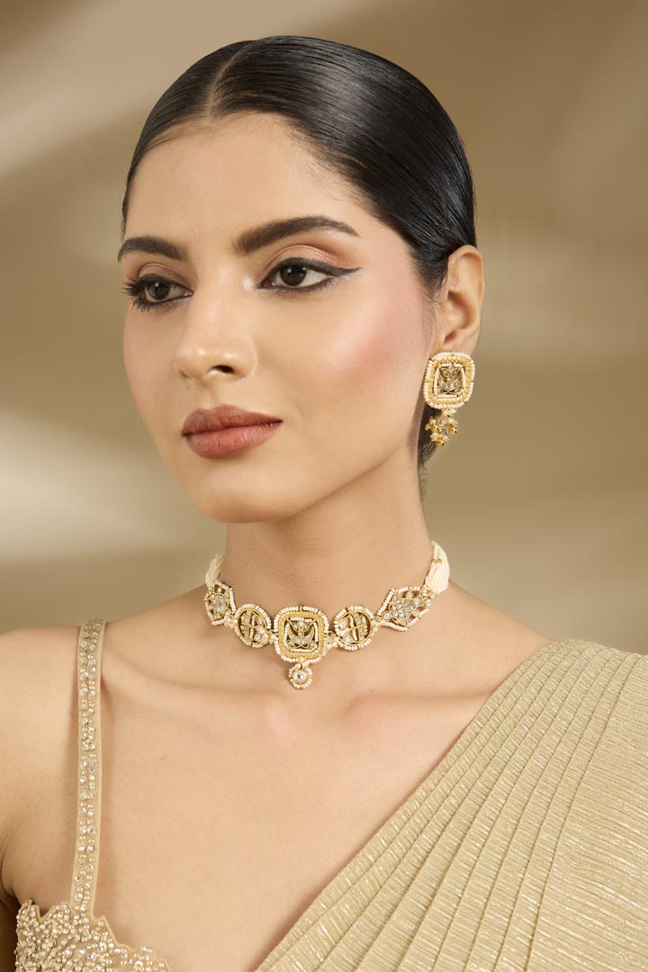 Gold-Tone Choker Necklace & Stud Earring Set with Stone Detailing