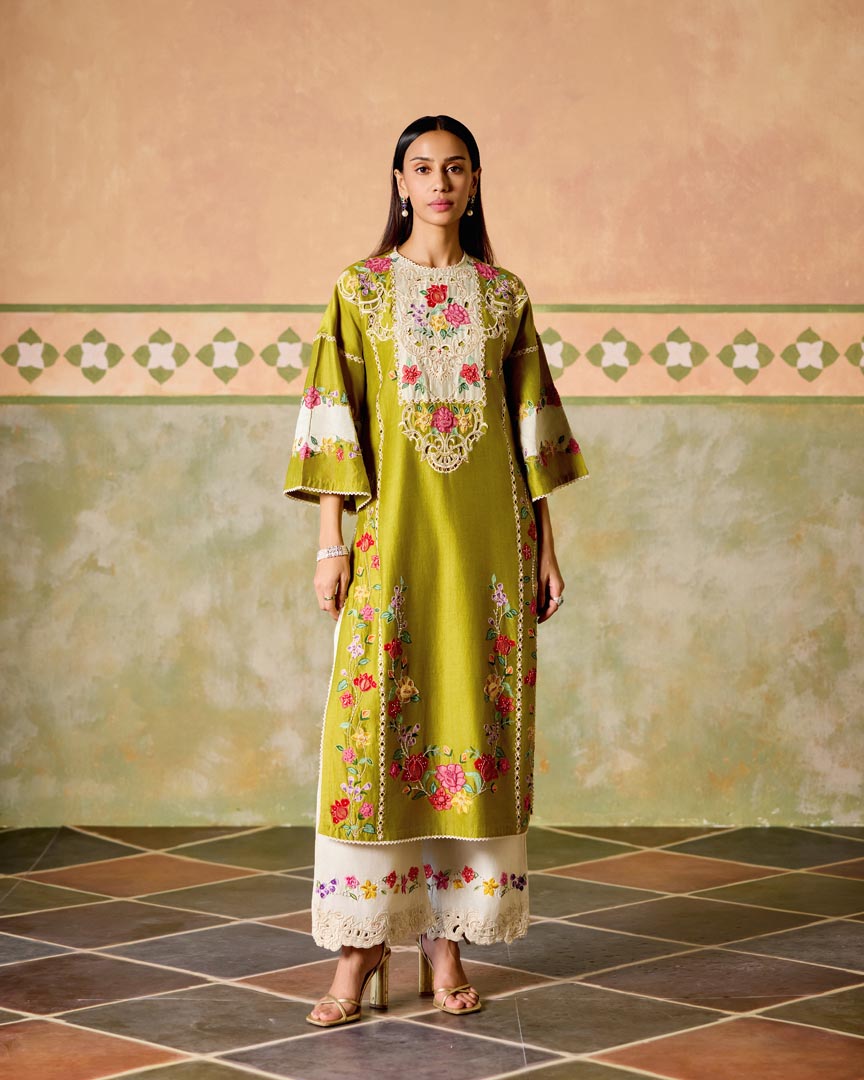 OLIVE AND IVORY COLOUR BLOCK KURTA