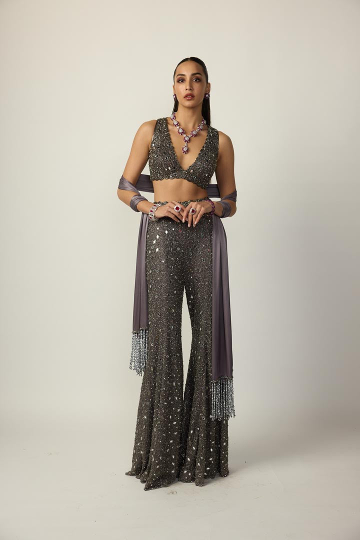 Metallic Grey Sharara Pant Set
