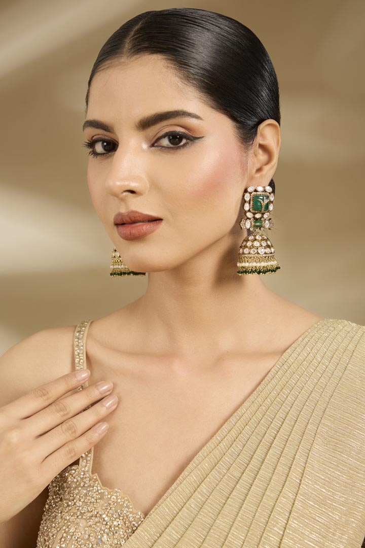 Gold-Tone Jhumka Earrings with Green & Pink Stone and Pearl Detailing