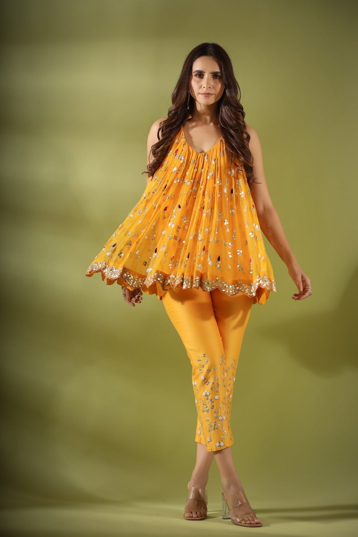 Image of Haseena phool jaal gota patti tunic pants co-ord set in mnago yellow