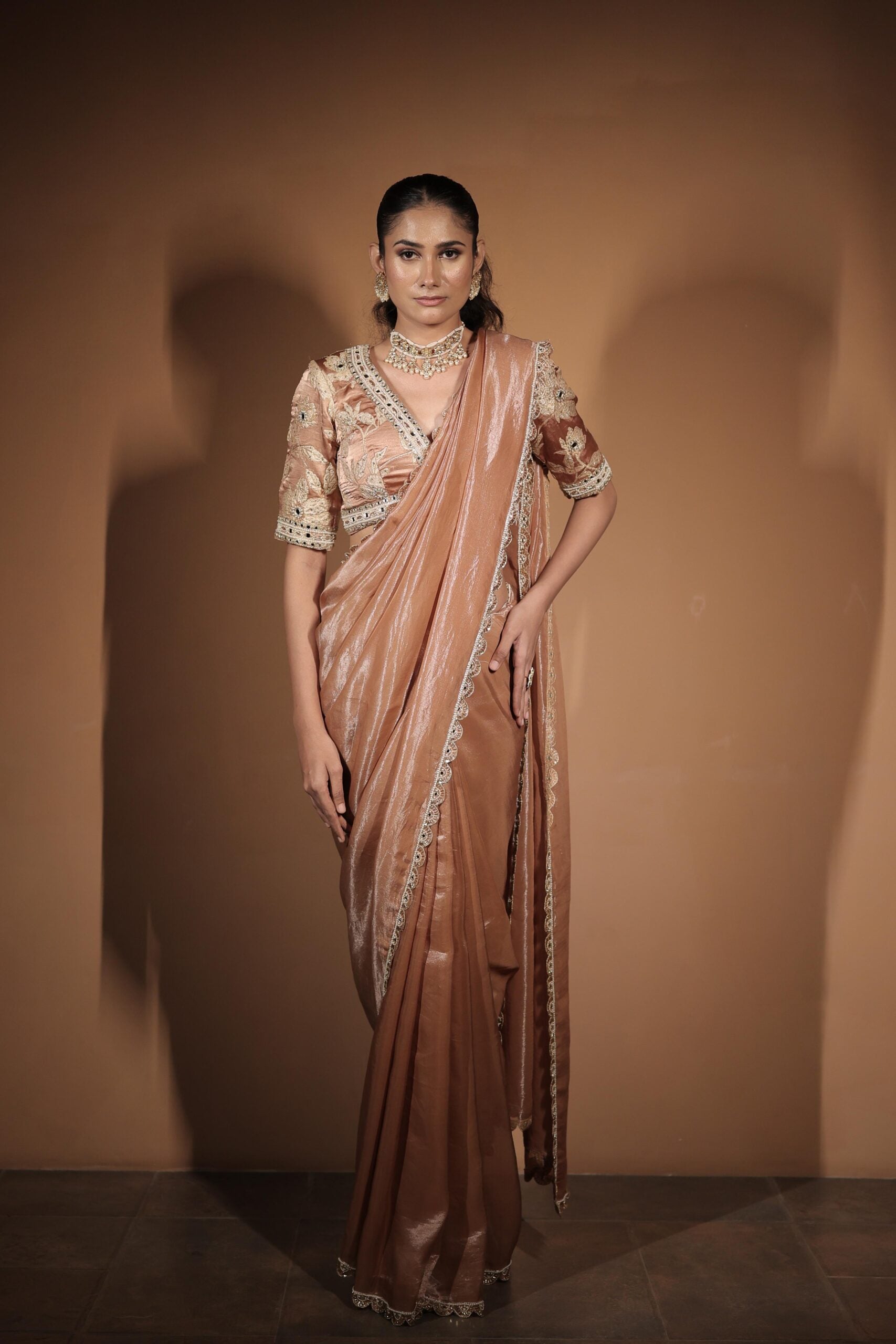 The " Whisparing Rose " saree set /Rose gold zardozi and mirror embroidered banarasi blouse and tissue saree set