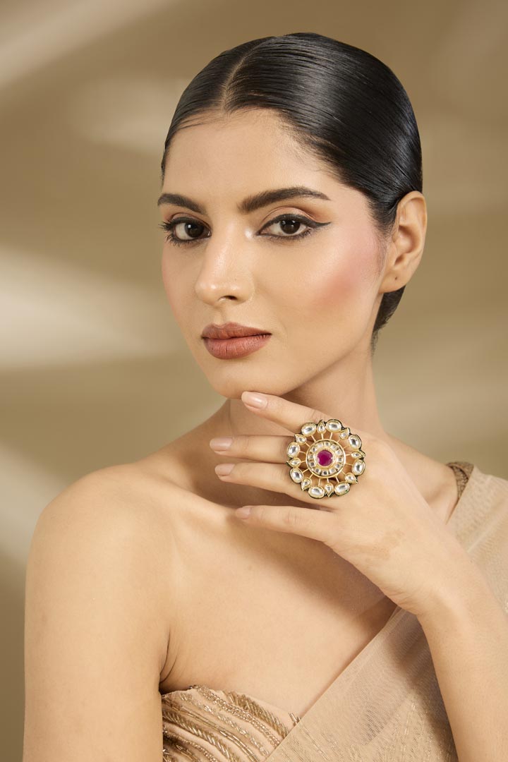 Gold-Tone Oversized Ring with Red Stone and Kundan Detailing