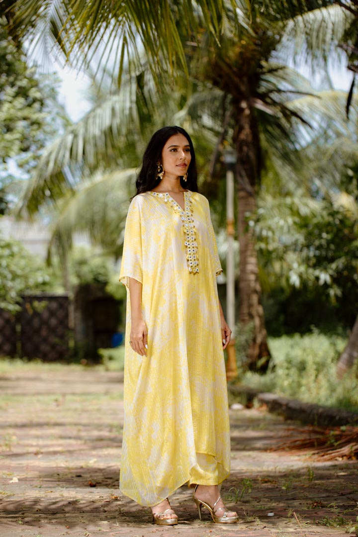 Yellow Viscose Georgette Digital Printed & Embroidered Kaftan Set