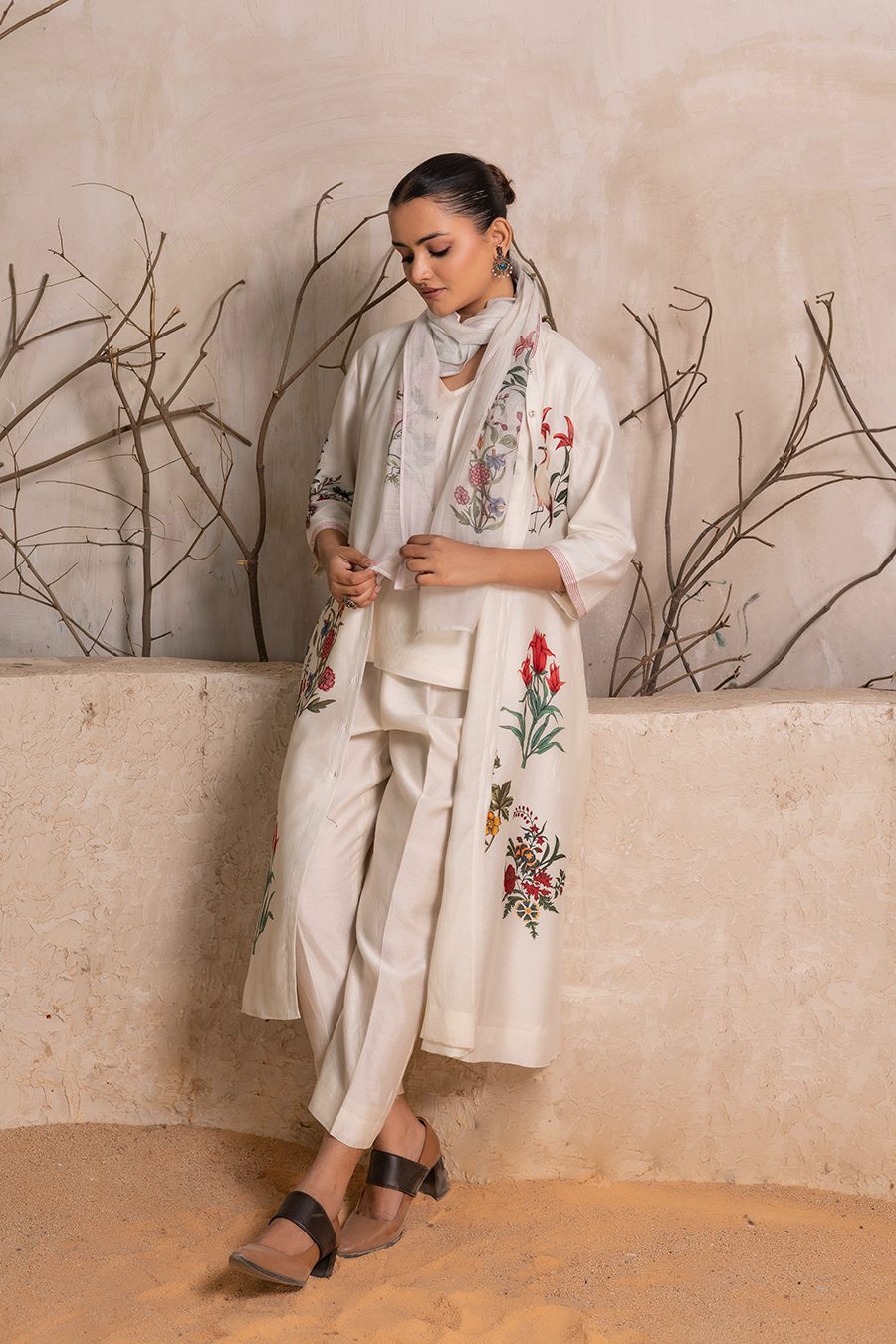 Ivory Silk Chanderi Floral Printed Front Open Dress (1 PC)