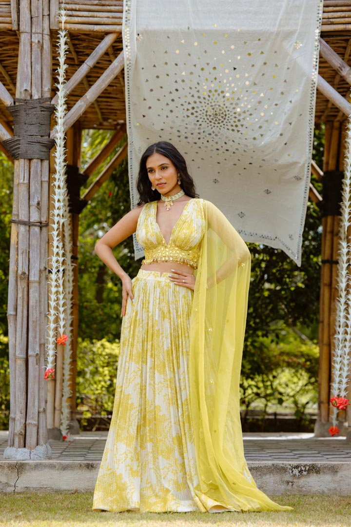 Olive Yellow Viscose Georgette Digital Printed Gathered Lehenga Set