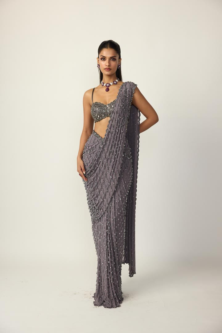 Metallic Grey Single Drop Draped Saree Set