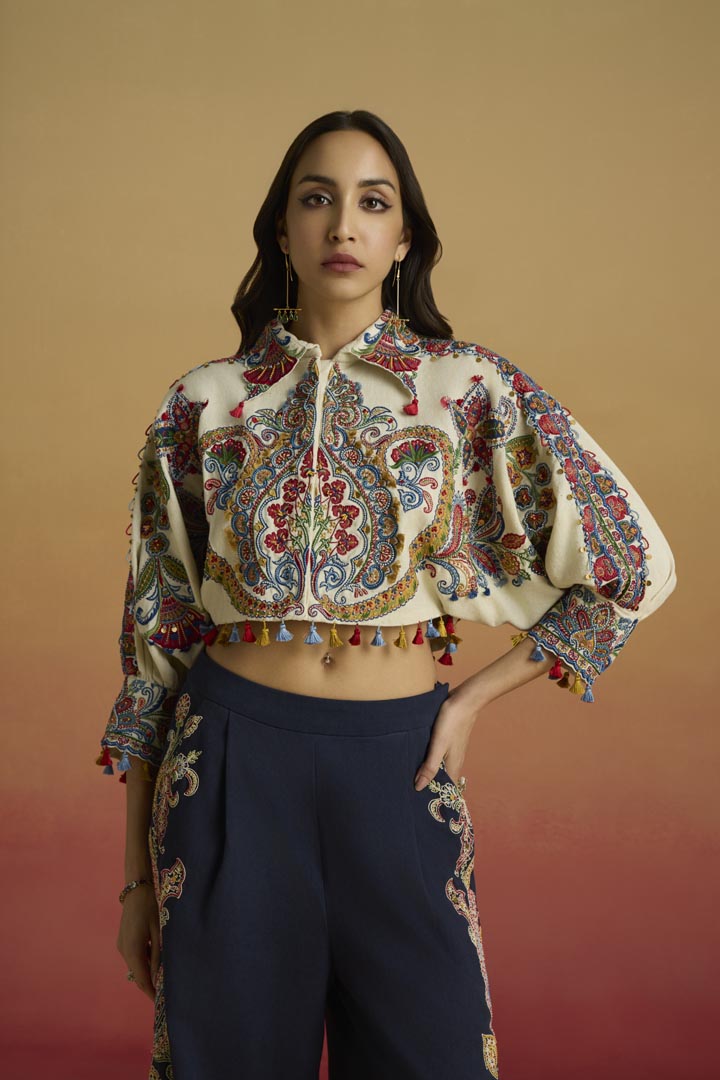Ivory Kala Cotton Hand-Embroidered Kimono Bolero Jacket