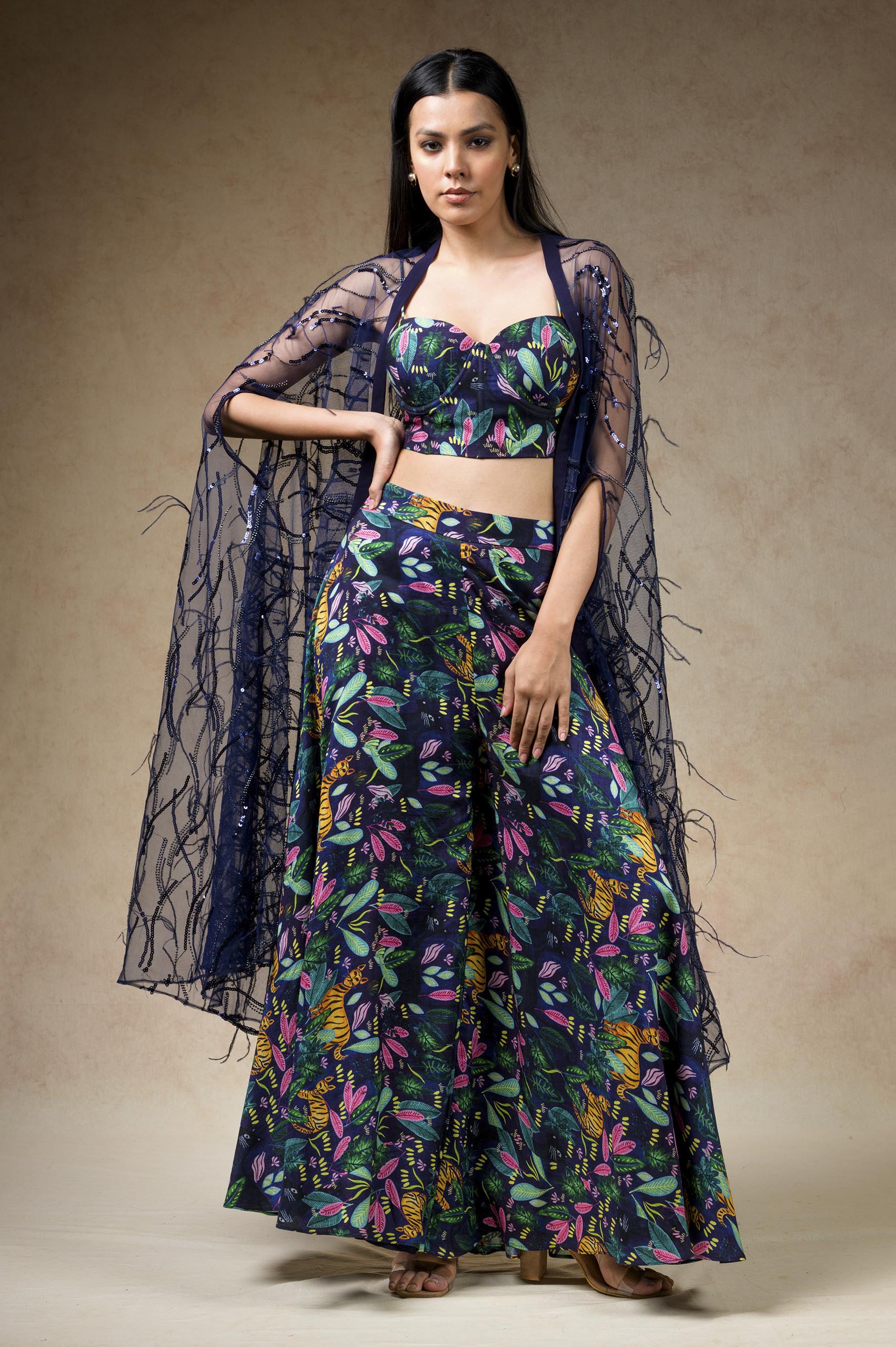 Bustier with sharara and feather cape