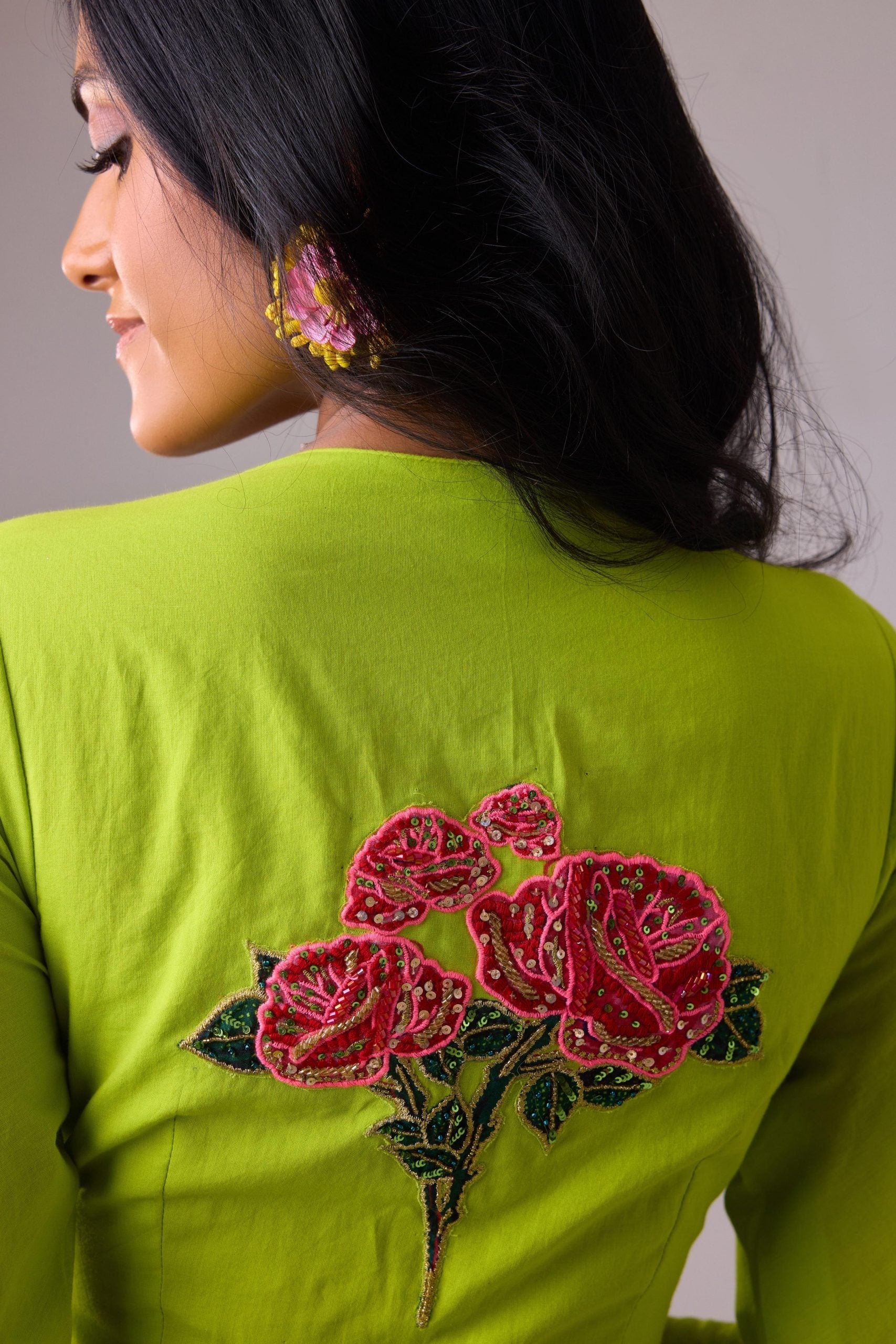 COTTON SOLID LIME ROSE APPLIQUE KALIDAR PAIRED WITH PRINTED DUPATTA AND CHURIDAR