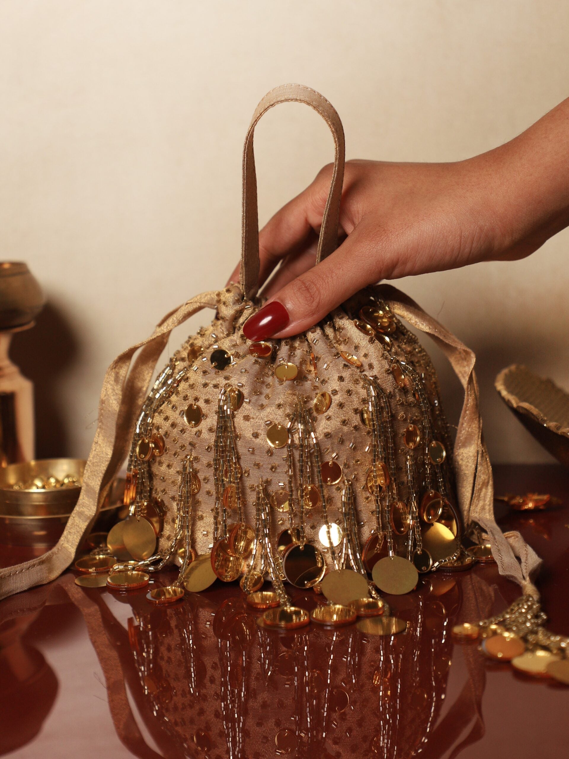 Gold Mirror Potli - Round