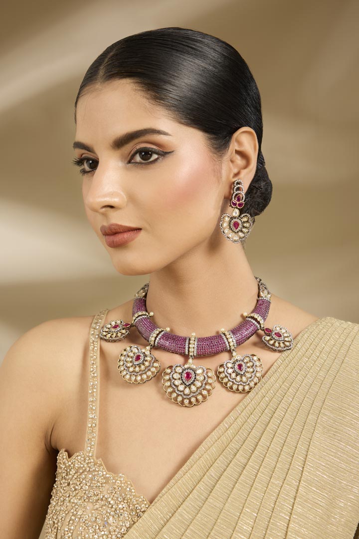 Purple Beaded Kundan-Style Necklace & Earring Set