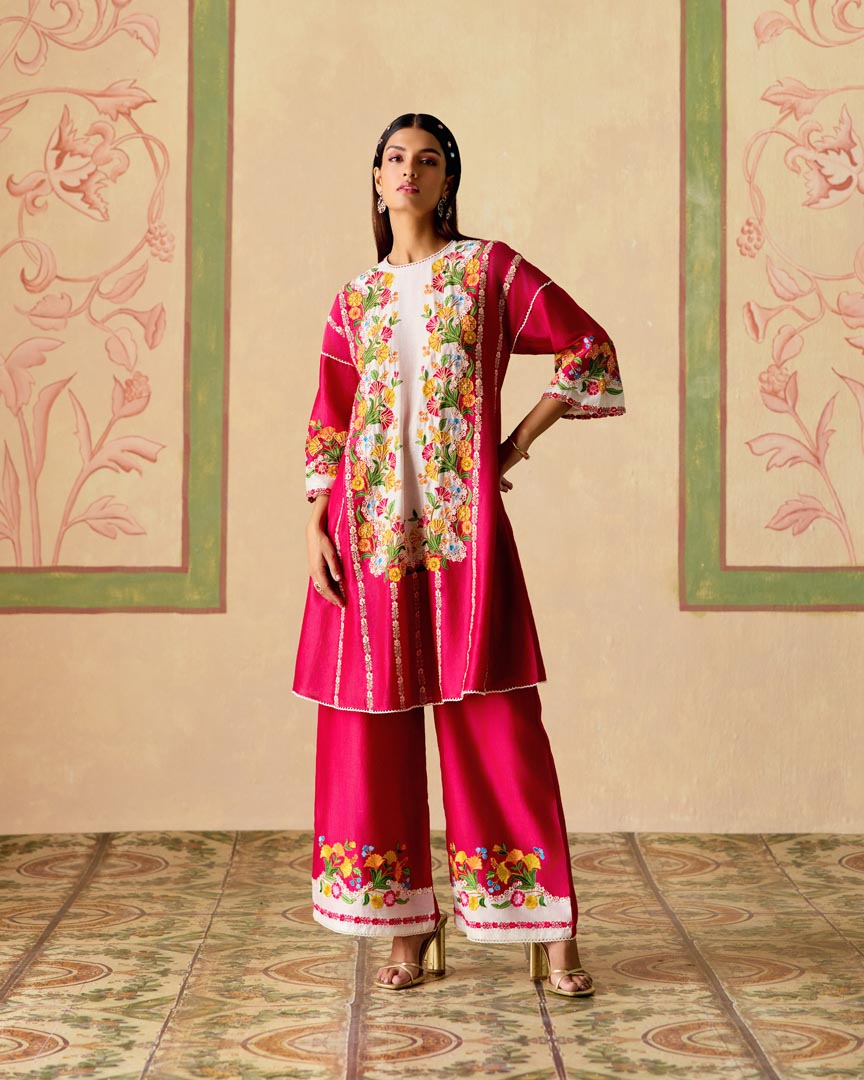 FUCHSIA AND IVORY PANELLED SHORT KURTA