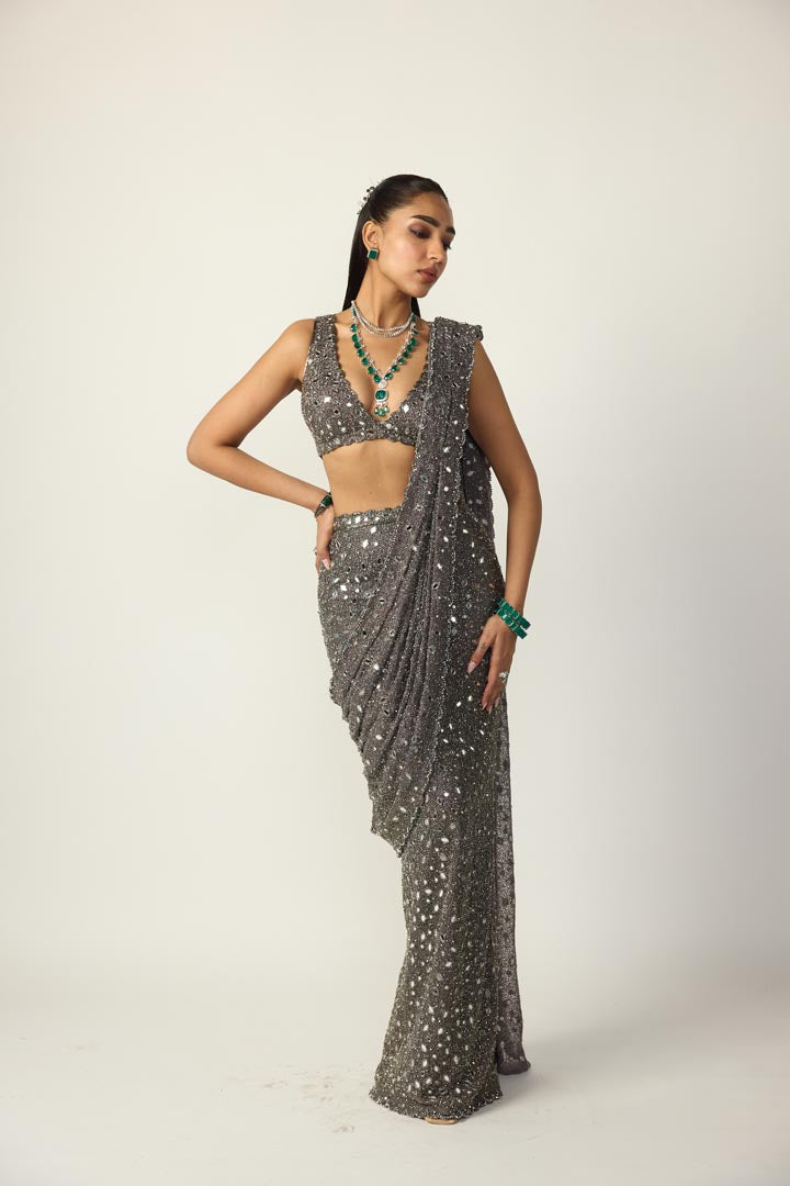 Metallic Grey Draped Saree Set