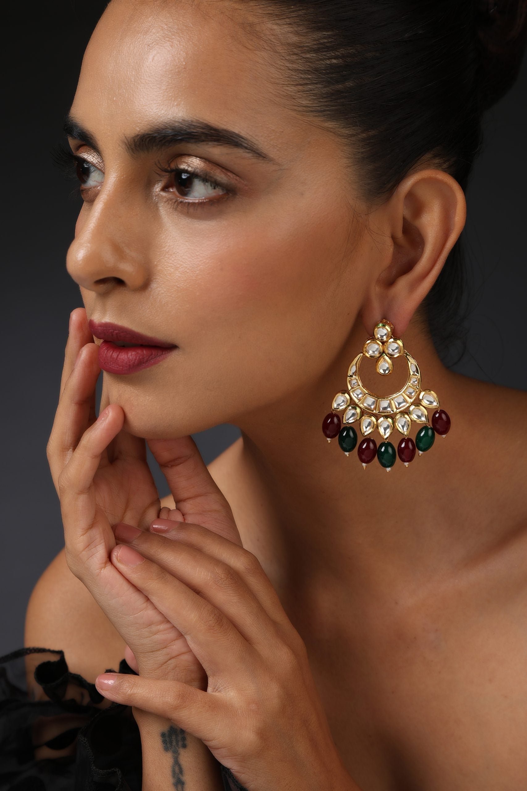 Multicolour Gold Tone Kundan Chandbali Earrings