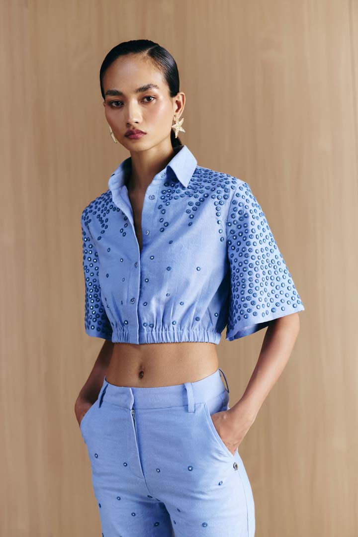 CHAMBREY MIRROR EMBELLISHED CROP SHIRT