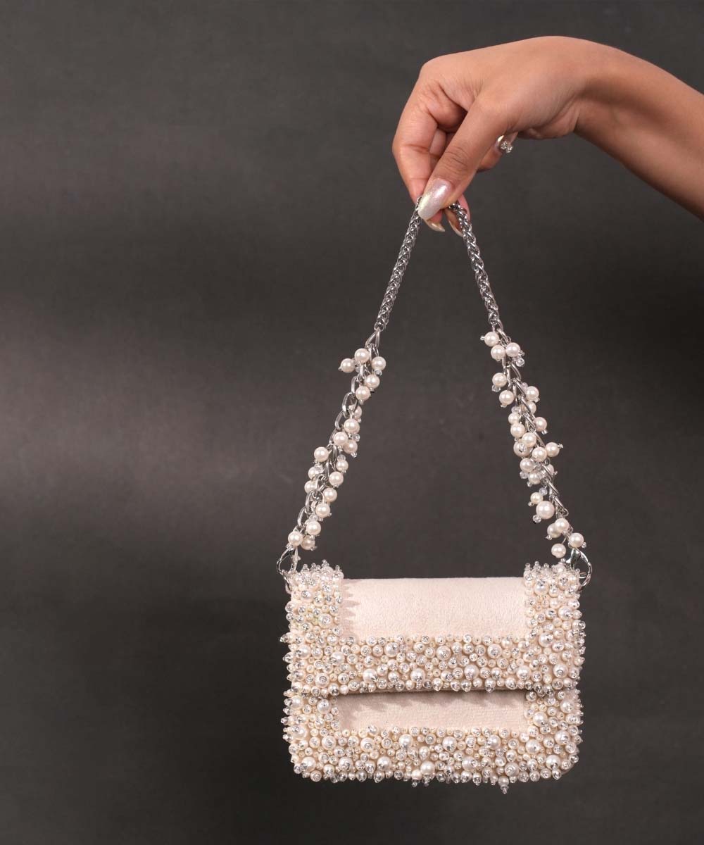 Aliya Ivory Suede Pearl Embellished Mini Bag
