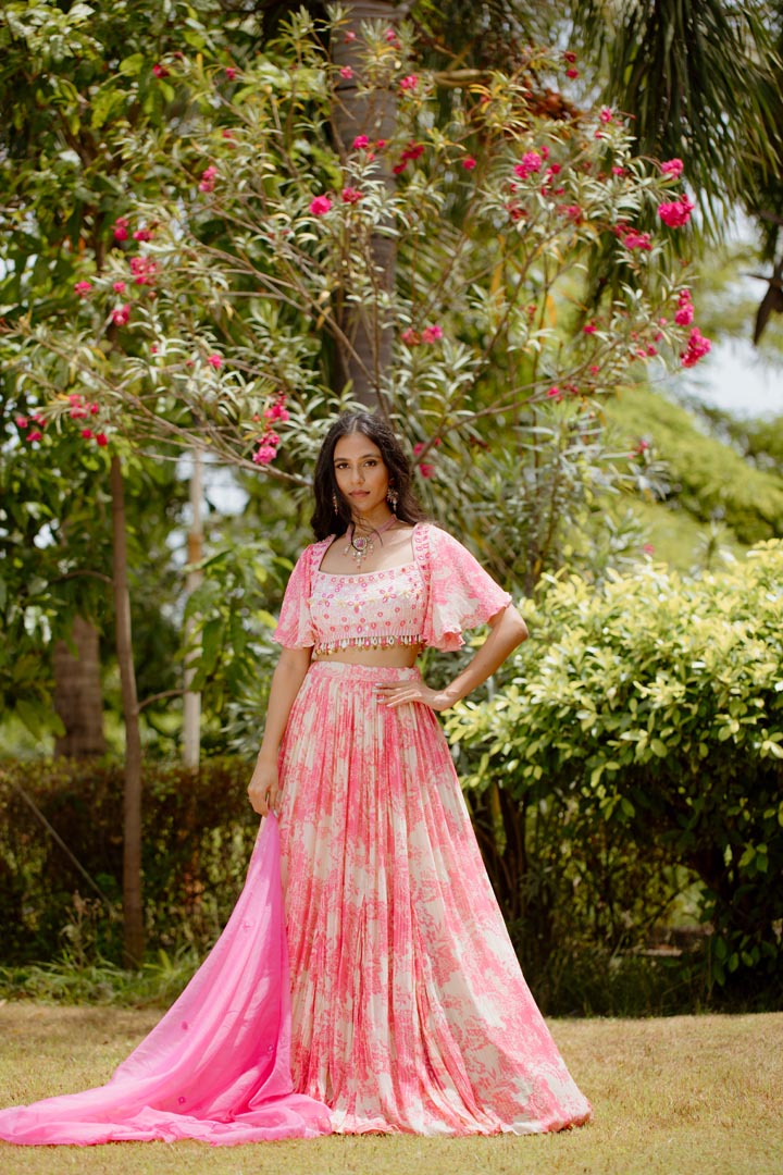 Pink Viscose Georgette Digital Printed Kalidar Lehenga Set