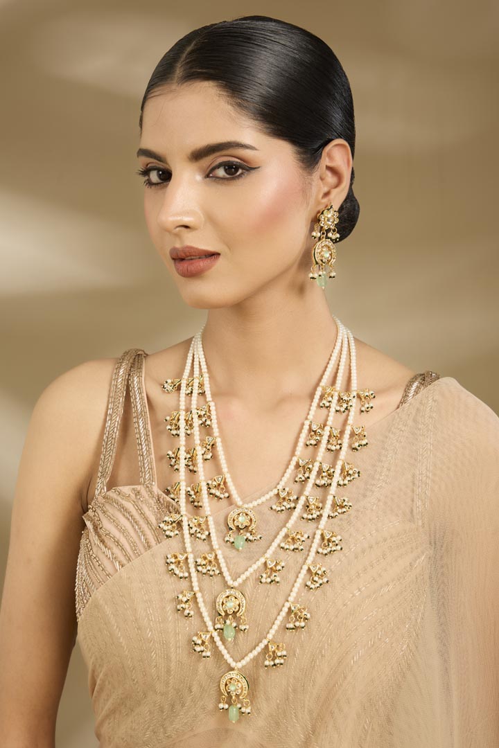 Layered Pearl Necklace & Earring Set with Gold-Tone Motifs and Green Stone Accents