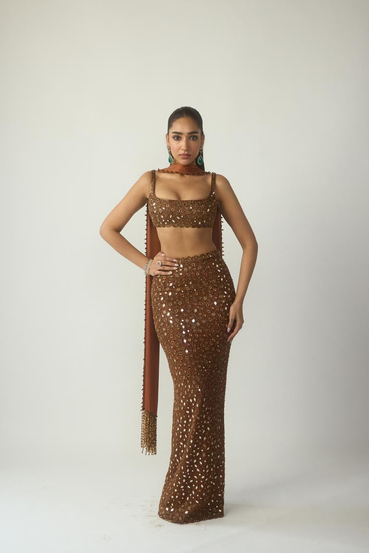 Metallic Copper Pencil Skirt Set