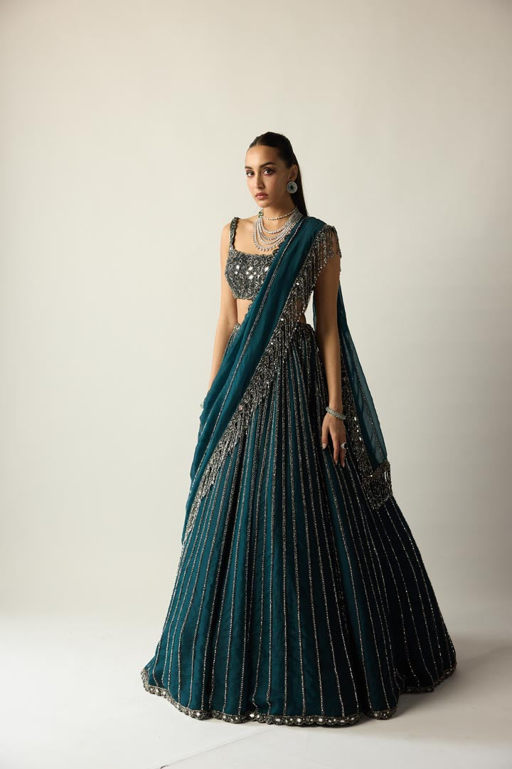 Dark Teal Linear Lehenga Set