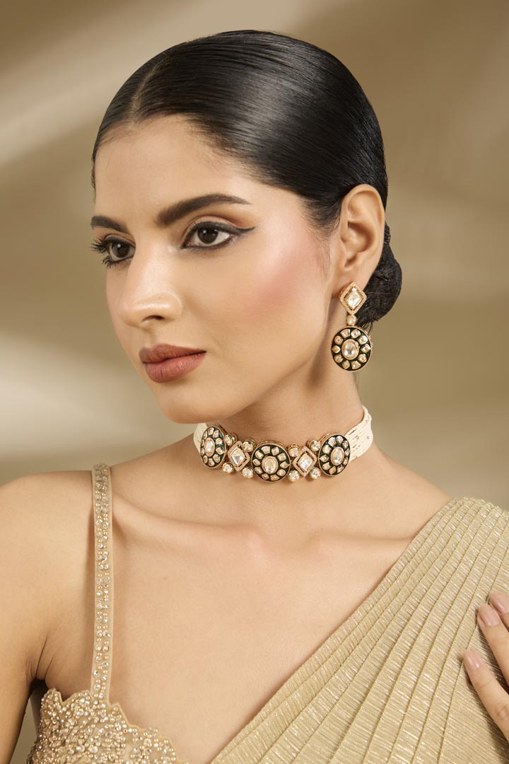 Pearl Choker Necklace & Earring Set with Black and White Stone Floral Motifs