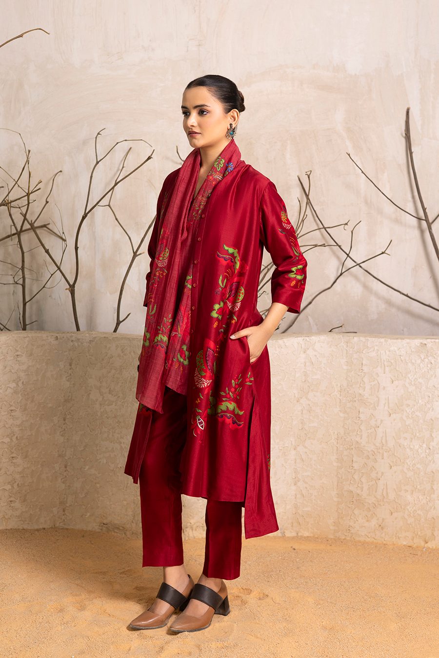 Red Silk Chanderi Printed Front Open Floral Dress (1 PC)