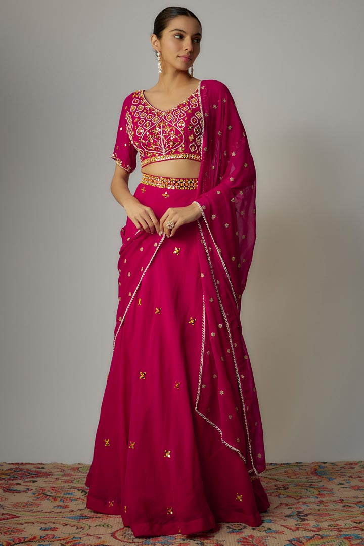 Pink Organza Thread & Mirror Embroidered Lehenga Set