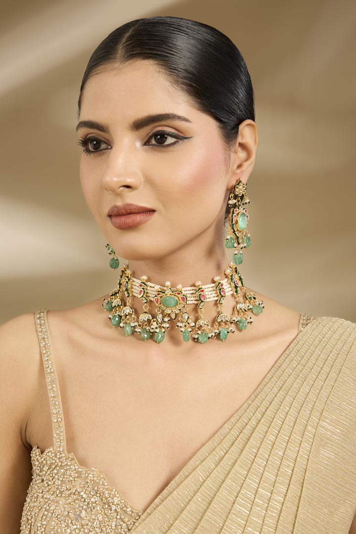 Gold-Tone Choker Necklace & Earring Set with Green Bead Detailing