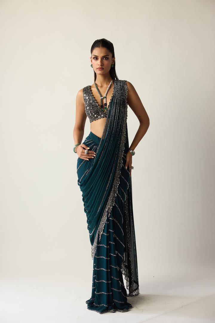 Dark Teal Linear Draped Saree