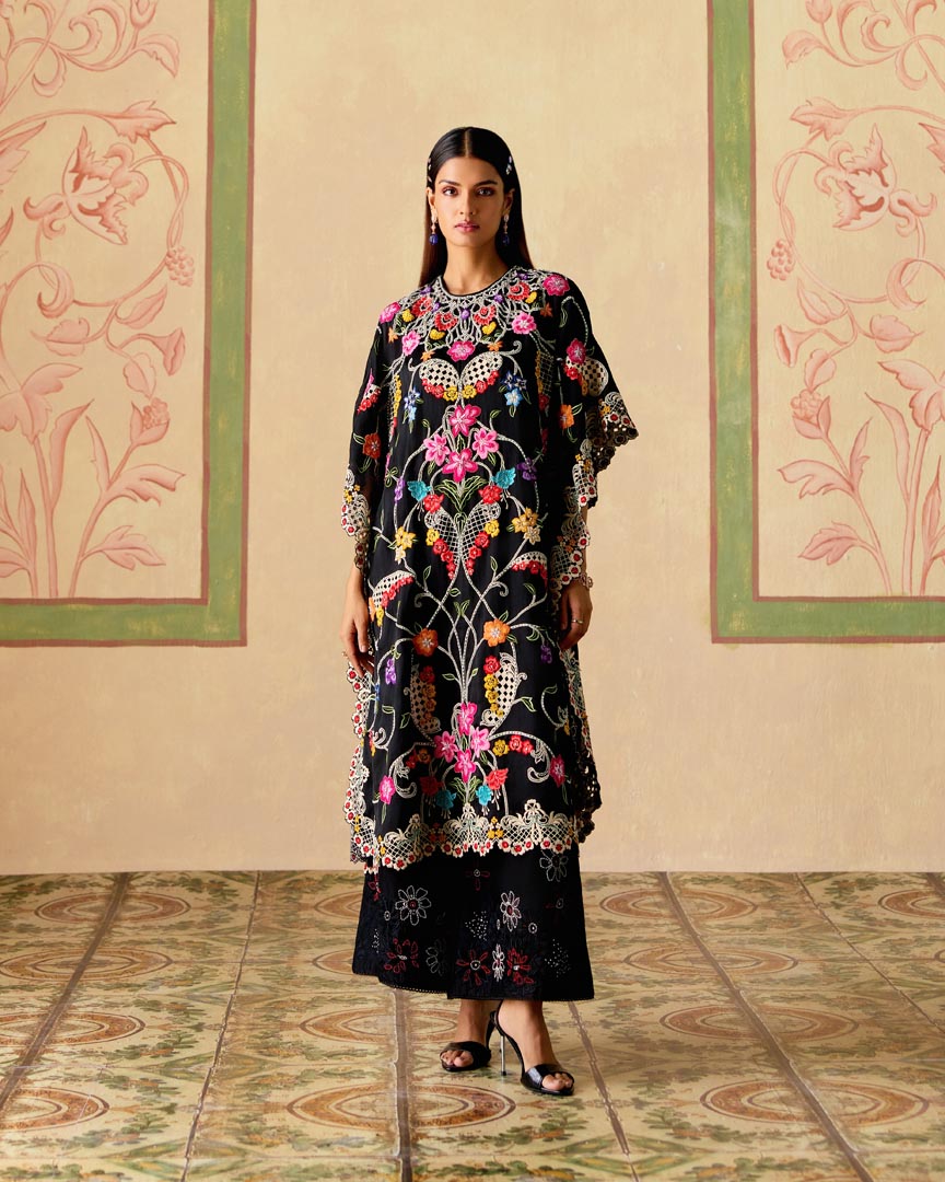 BLACK SHEER APPLIQUE AND BEADWORK PANTS