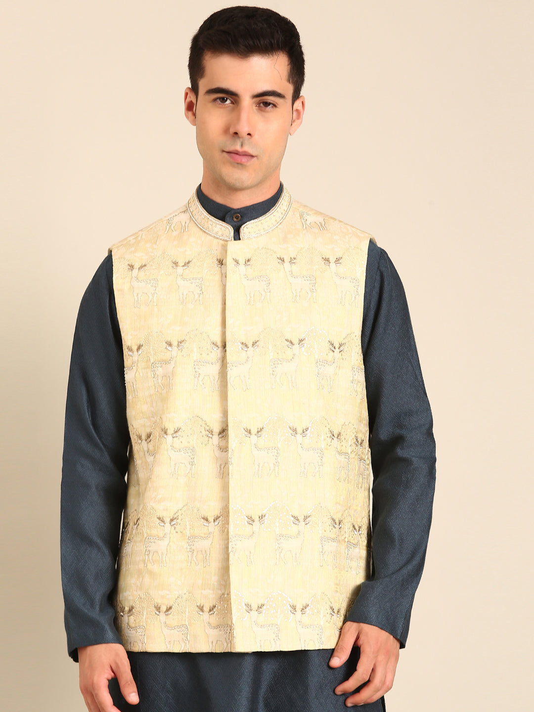 Green-Gold Silk Jacquard Nehru Jacket