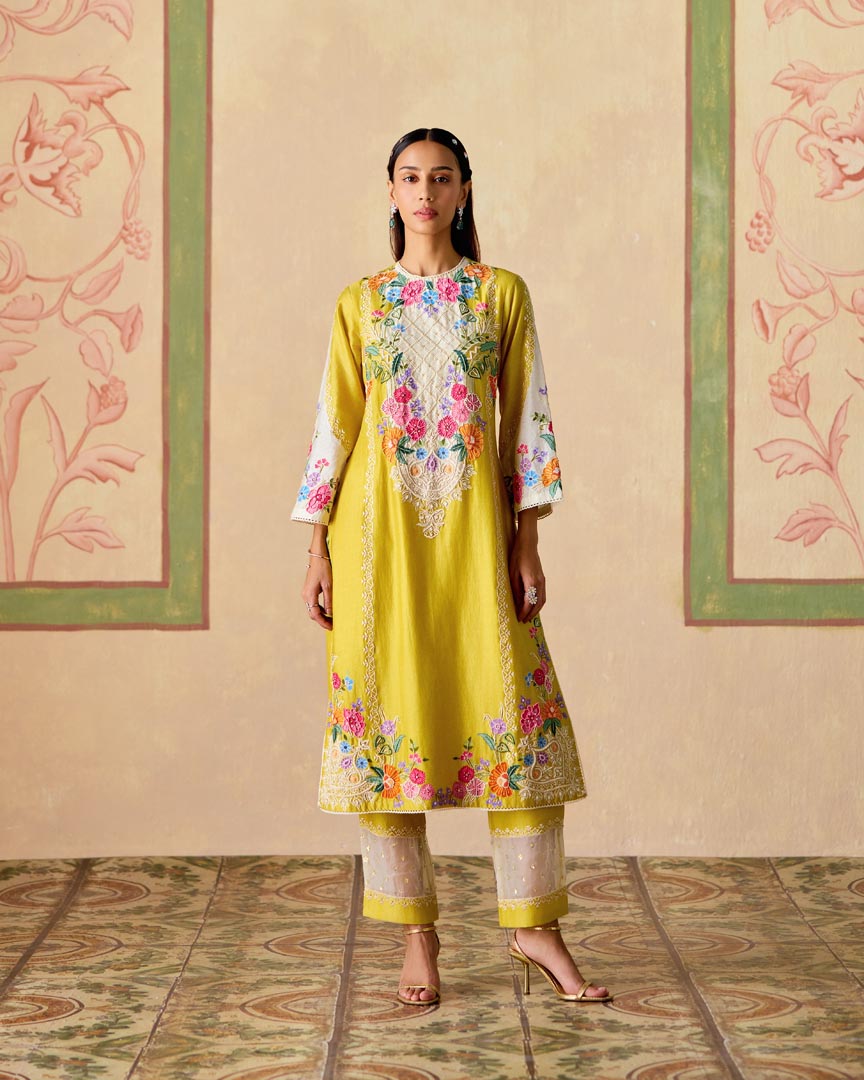 YELLOW AND IVORY SHEER PANEL PANTS