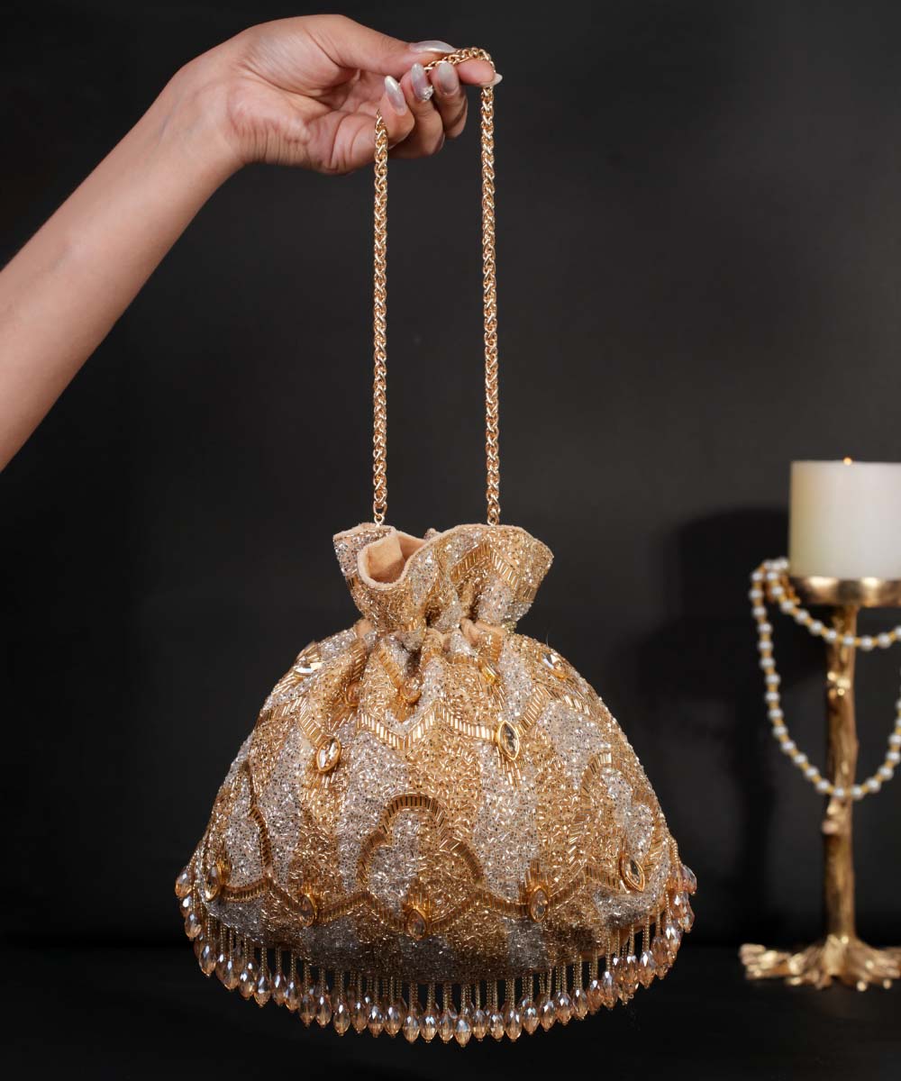 Sunheri Gold and Silver Georgette Embellished Potli