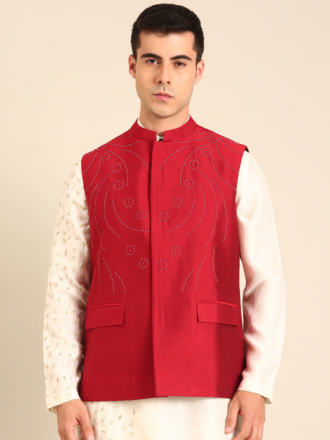 Red Silk Cotton Nehru Jacket