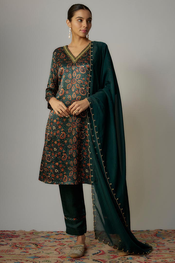 Teal Green Satin Hand Embroidered Angrakha Kurta Set