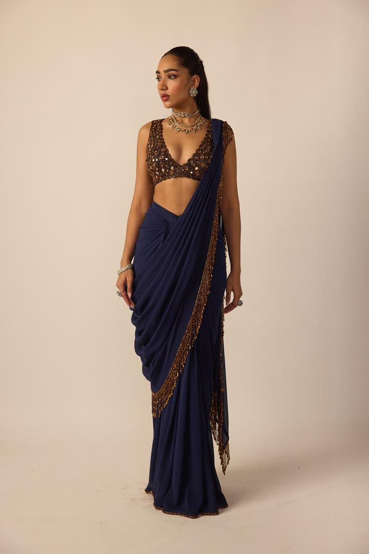 Deep Blue Georgette Tassel Saree