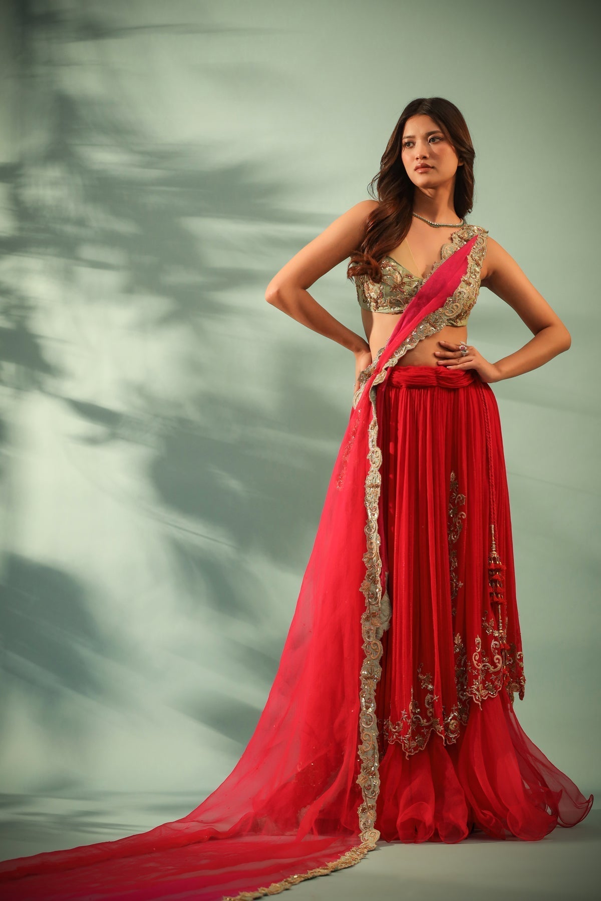 Image of Haseena carmine red cutwork layer lehenga set